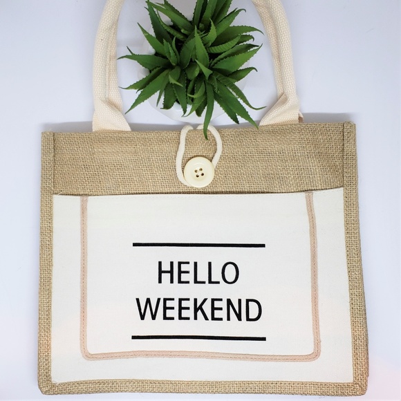 NWT HELLO WEEKEND Woven Tote, White - Picture 2 of 6